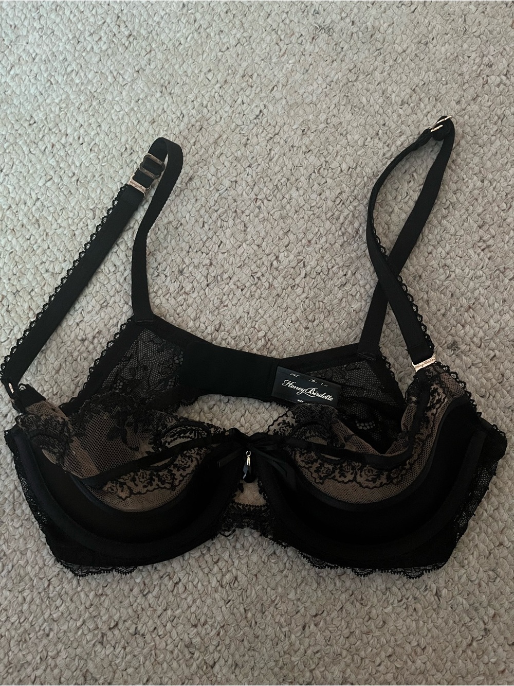 Honey Birdette Black Lace Underwire Bra with Sheer Panels
